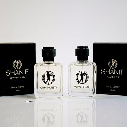 Long lasting perfume for men and women combo: Velvet Fleur and Onyx Majesty luxury extrait de parfum bottles with premium packaging, black caps and Shanif logo