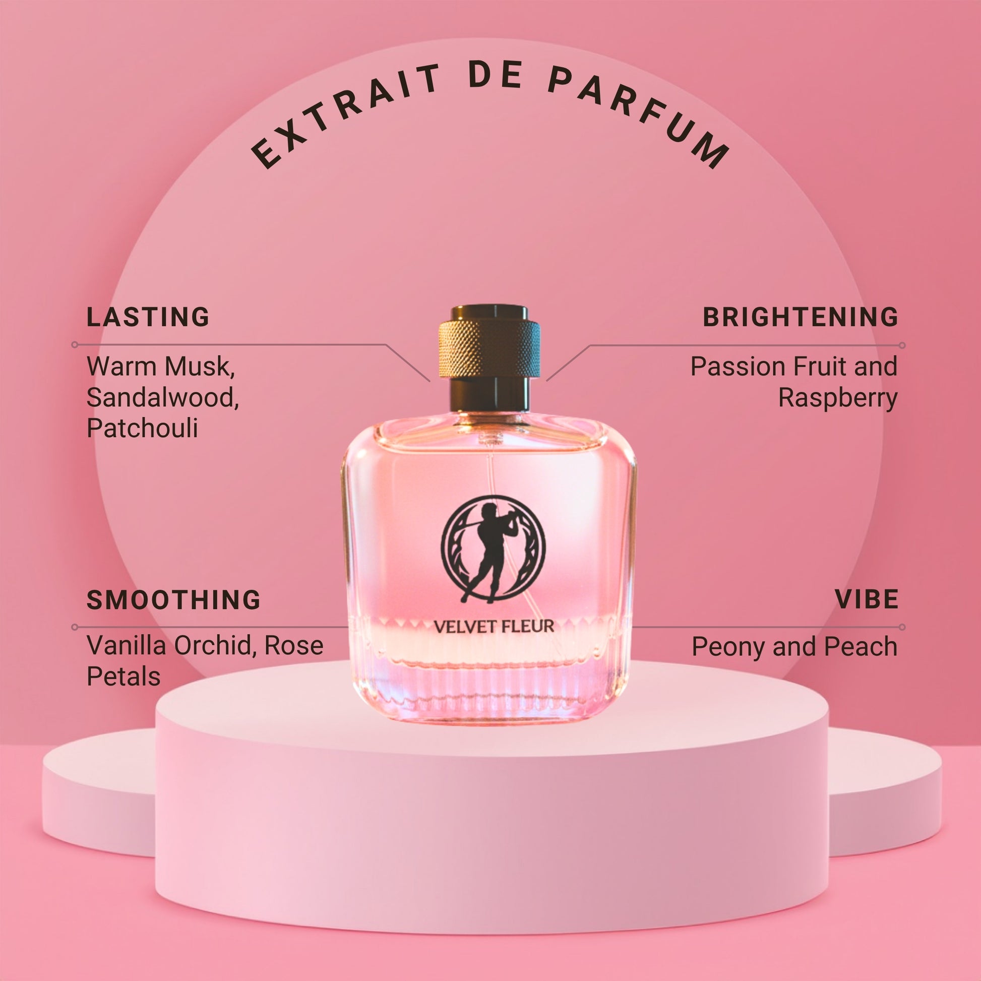 Velvet Fleur long lasting perfume for women: pink luxury extrait de parfum with vanilla orchid rose scent notes on pink background