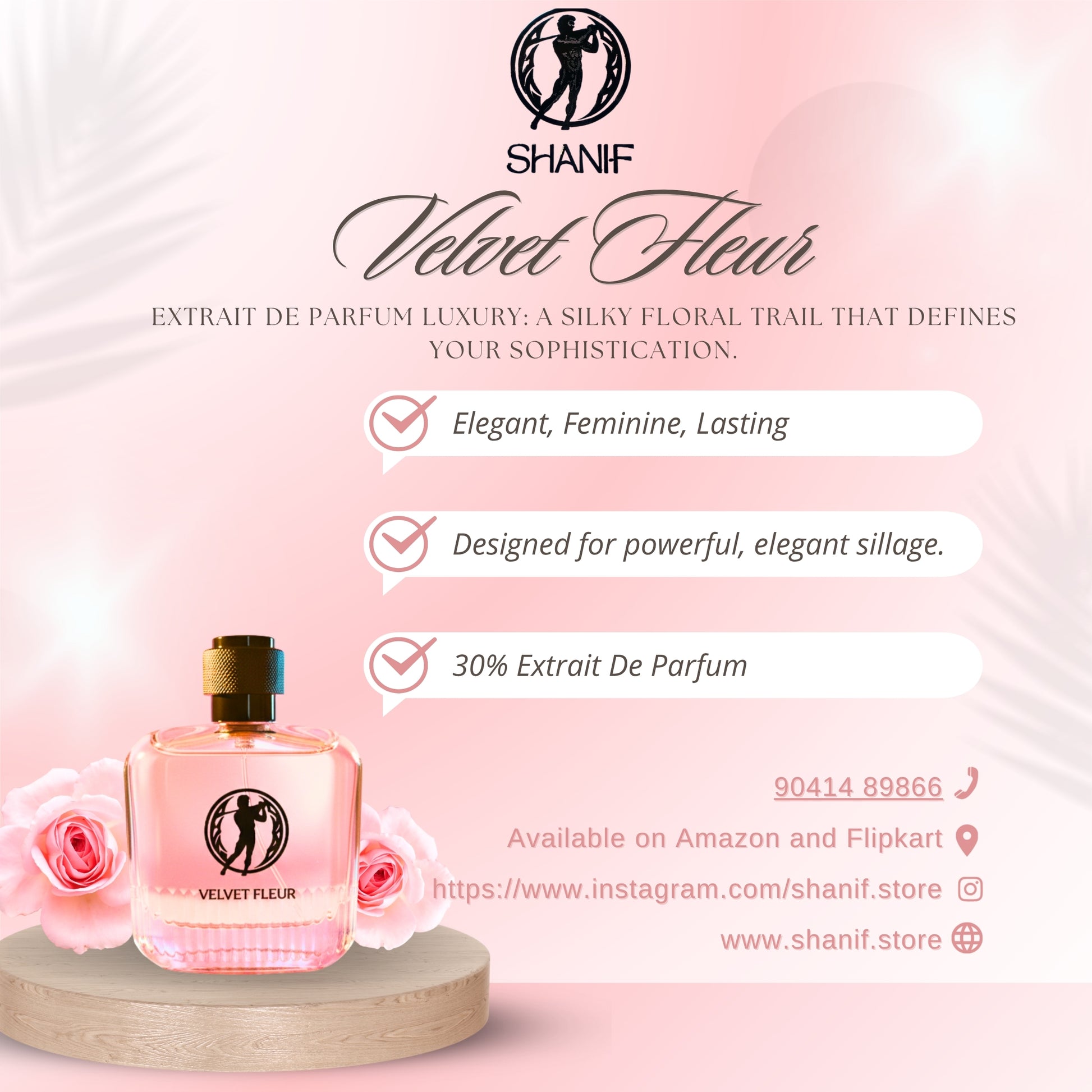 Velvet Fleur luxury long lasting extrait de parfum perfume with product details, elegant feminine lasting scent, 30% fragrance concentration